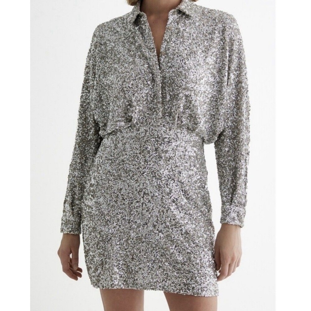 New Express Women’s Medium Silver Sequin Collar Button Long Sleeve Mini Dress